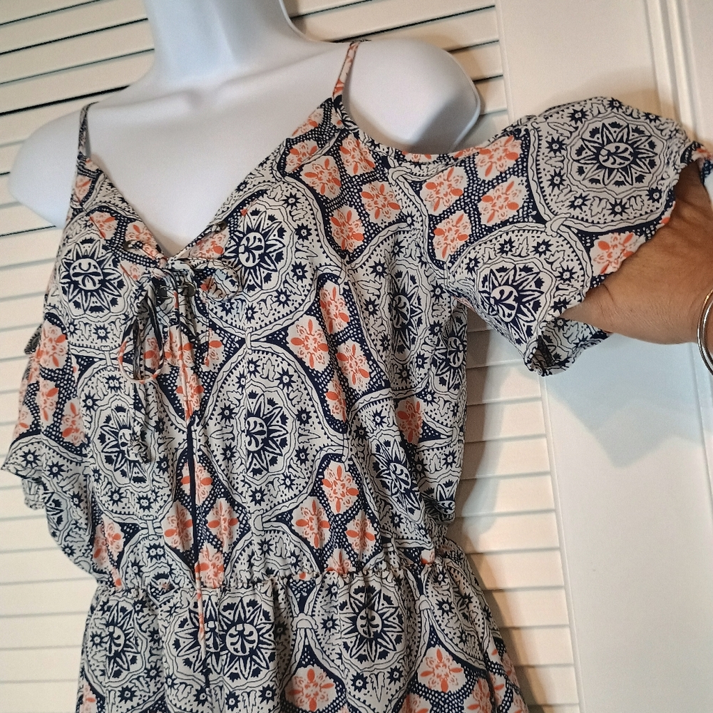 Sienna Sky Bohemian orange blue and white Print Cold Shoulder Romper Size Medium